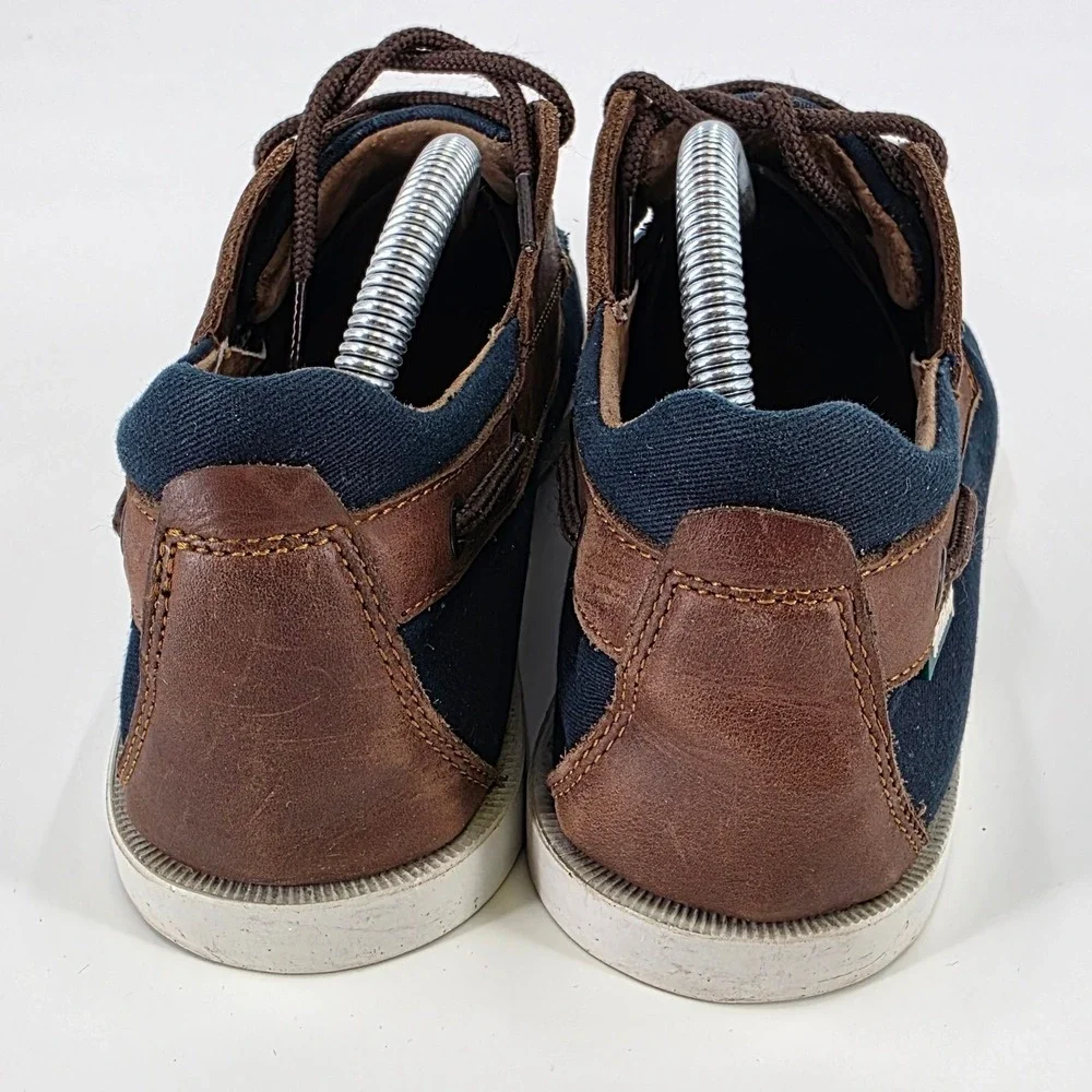 HITCHCOCK WIDE BOAT SHOES MENS SIZE 7 3E NAVY BLUE BROWN LEATHER CANVAS LACE UP